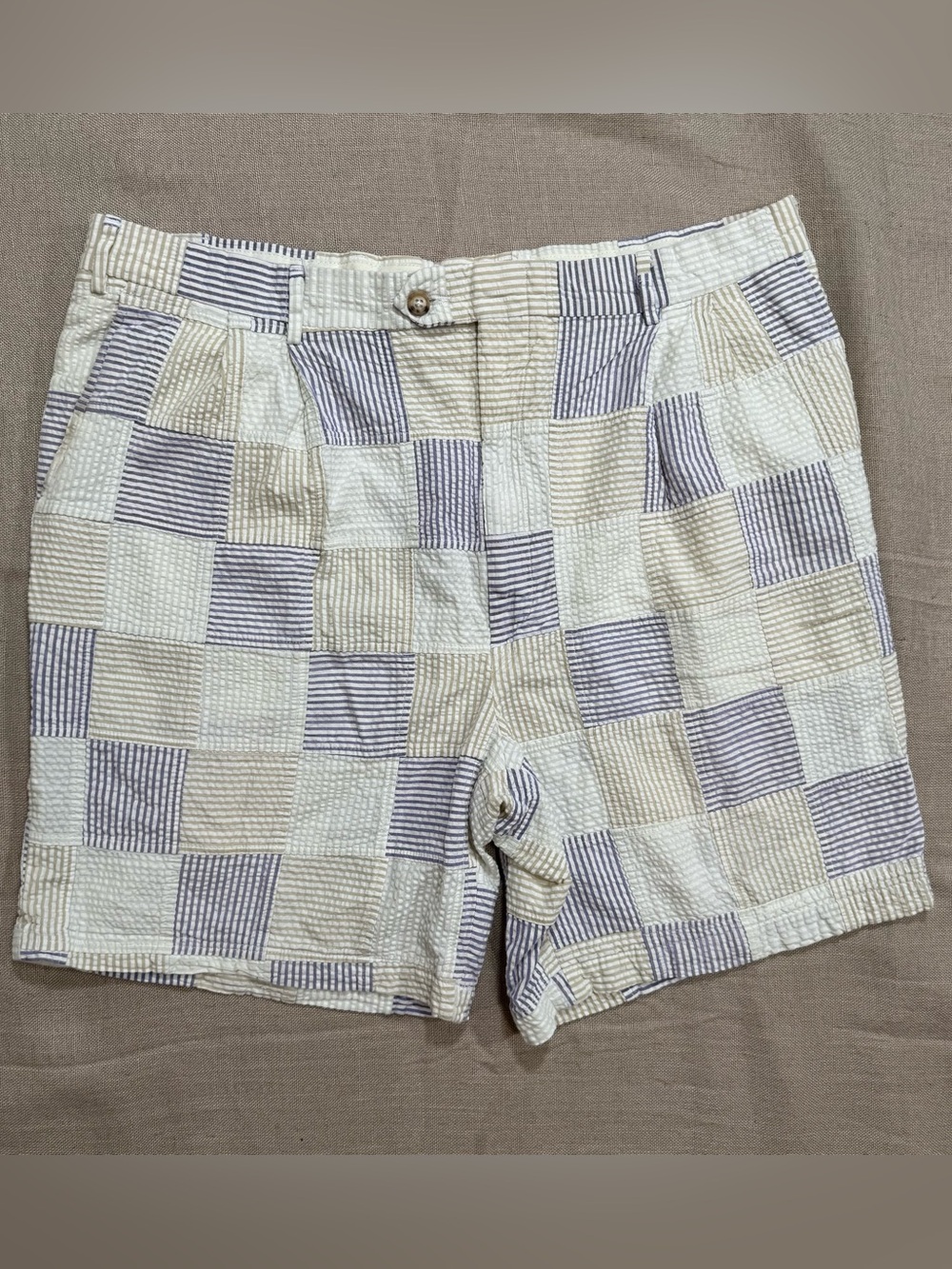 BERLE Blue and White Shorts Checkered Patchwork Seersucker Poplin‎ Size 40
